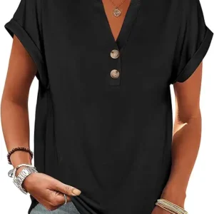 ANRABESS Women's Short Sleeve Henley Tops V-Neck Dressy Casual Loose Fit Shirts – Summer Flowy Blouse