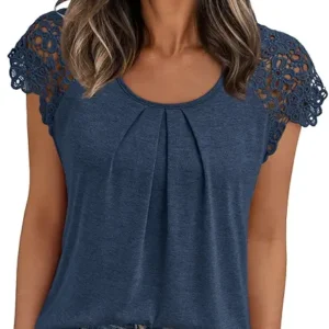 AUTOMET Women's Lace Tops – Pleated Short Sleeve Shirt