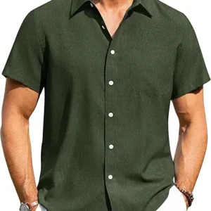 Alimens Gentle Men's Linen Shirts Short Sleeve Button Down – Wrinkle-Free Casual Vacation Beach Top