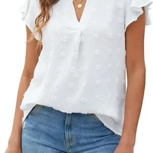 Blooming Jelly Women's White Blouse – V-Neck Ruffle Sleeve Flowy Shirt, Dressy Casual Cute Summer Top