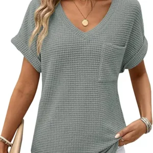 Dokotoo Women's Waffle Knit Top 2025 Fall Summer V-Neck Shirt Casual Trendy Blouse Basic Tee