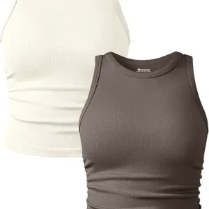 OQQ Women's 2-Piece Tank Top Crew Neck Sleeveless Basic Stretch Casual Yoga Crop