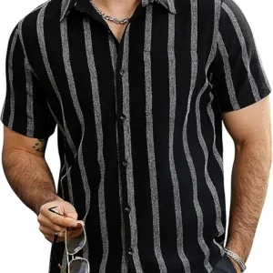 VATPAVE Men's Summer Striped Shirt Button Down Short Sleeve Vintage Beach Hawaiian Shirt with Pocket
