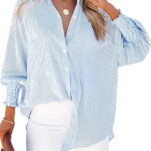 Women's Smocked Cuffed Striped Boyfriend Shirt