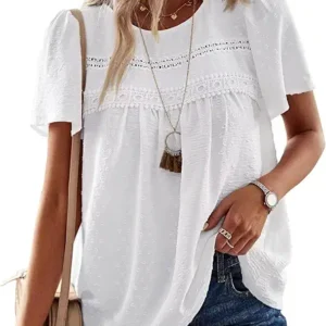 Women's Summer Top Crewneck Short Sleeve Shirt Casual Chiffon Blouse with Flowy Lace Hem