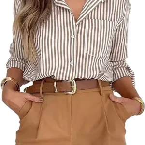 Siliteelon Striped Button Down Shirt for Women – Long Sleeve Casual Collared Office Work Shirt with Pocket